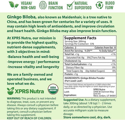 XPRS Nutra Organic Ginkgo Biloba Powder - Gingko Biloba Supplements for Cognition - Vegan Friendly Ginkoba Biloba Organic - Immunity Boosting Ginkgo Biloba Powder (4 oz)