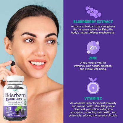 Elderberry Gummies with Vitamin C and Zinc - Immune Booster Elderberry Gummies For Adults and Kids - Vegan Natural Ingredients Defense Multivitamins with Antioxidant Support (60 Gummies)