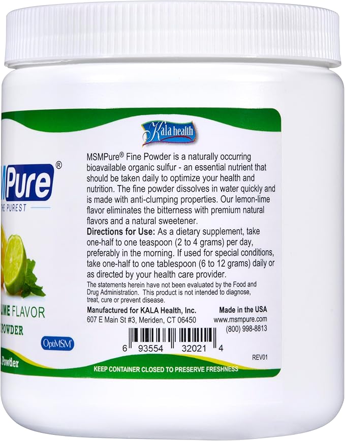 KALA HEALTH MSMPure Lemon Lime Flavored Fine MSM Powder Crystals – Organic Sulfur for Joint Flexibility, Skin Appearance, and Hair & Nail Support - 1 lb, USA Made MSM, Distilled Flakes