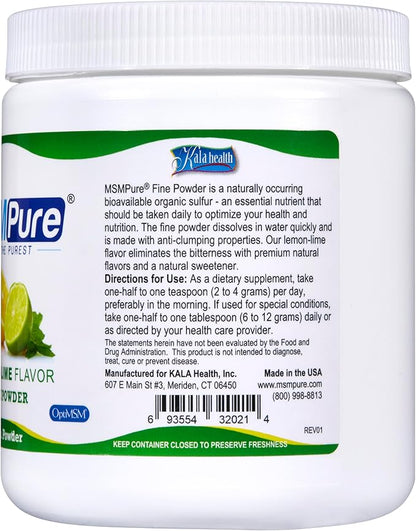 KALA HEALTH MSMPure Lemon Lime Flavored Fine MSM Powder Crystals – Organic Sulfur for Joint Flexibility, Skin Appearance, and Hair & Nail Support - 1 lb, USA Made MSM, Distilled Flakes
