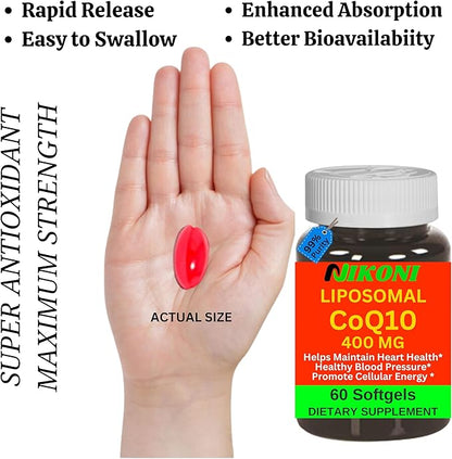 Liposomal CoQ10 400 mg, Higher Absorption, Supports Heart, Brain & Energy (60 Softgels)