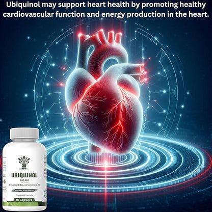Ubiquinol CoQ10 100mg - Enhanced Bioavailability, High Absorption Coenzyme Q10 Supplement - Non-GMO, Gluten Free co q10 for Heart Health, Healthy Blood Pressure Levels, 60 Capsules