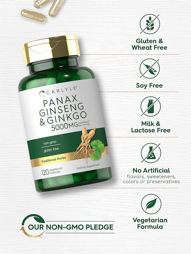 Carlyle Panax Ginseng & Ginkgo 5000mg | 120 Vegetarian Capsules | Non-GMO & Gluten Free Supplement
