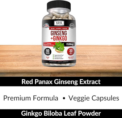 Kaya Naturals Red Panax Ginseng + Ginkgo Biloba - Nootropic Brain Supplement - Cognitive and Concentration Support - Brain Booster, Focus, and Memory Supplement - 60 Capsules
