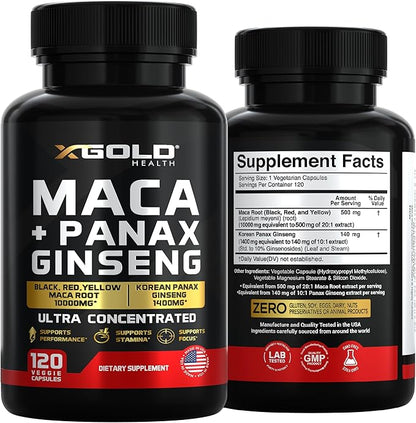 Maca Root Capsules 10,000mg + Korean Panax Ginseng 1,400mg - 20x Concentrated Extract Black + Red + Yellow Maca Root, 10x Concentrated Extract Panax Ginseng Capsules - Ultra Potent & Highly Purified