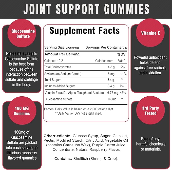 120 Extra Strength Joint Support Chewable Gummies with Glucosamine & Vitamin E - Natural Joint & Flexibility Support