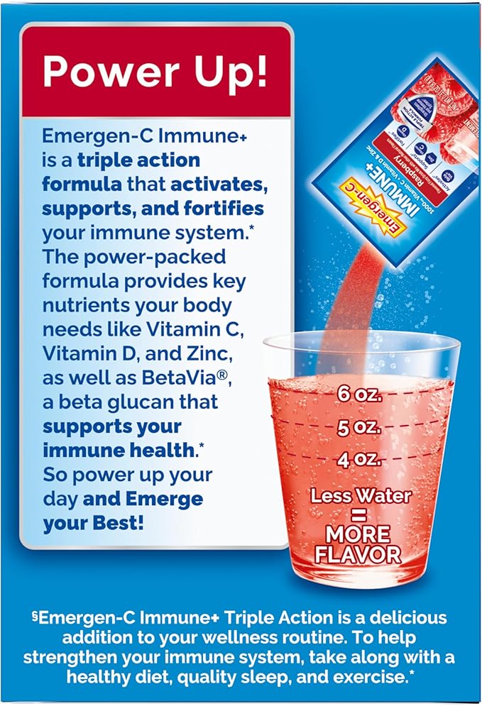 Emergen-C Immune+ Triple Action Immune Support Powder, BetaVia (R), 1000mg Vitamin C, B Vitamins, Vitamin D and Antioxidants, Raspberry – 30 Count