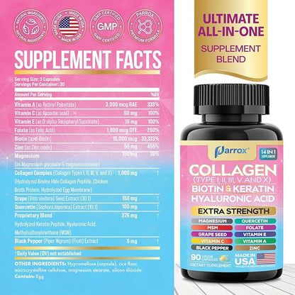 Collagen Peptides Types I, II, III, V & X, MCG Biotin, Keratin, Hyaluronic Acid, MSM, Zinc, Grape Seed Extract, Quercetin, Vitamin A, Vitamin C, Vitamin E, Magnesium, Folic Acid (90 Capsules)
