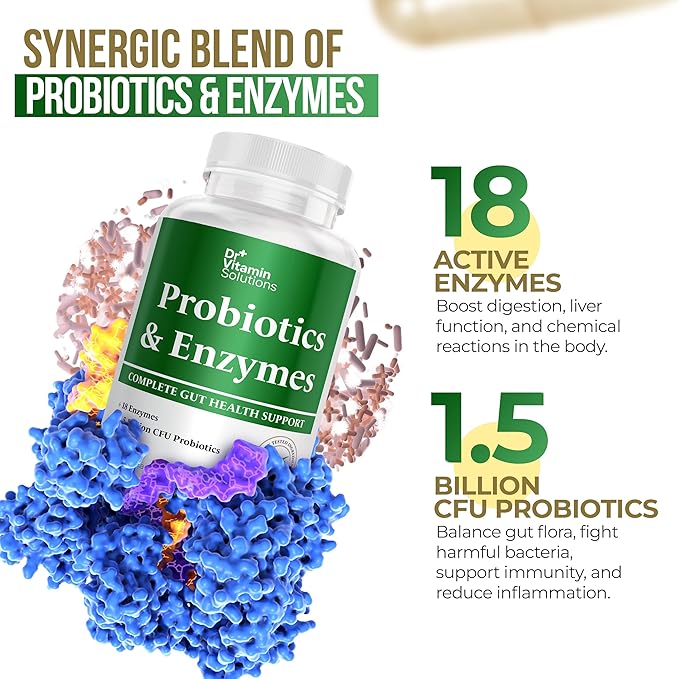 DR VITAMIN SOLUTIONS Multi Enzymes, Pre & Probiotics for Digestive Health | 18 Active Enzymes & 1.5 Billion CFU Probiotics for Women & Men | Digestive Enzymes w/Prebiotics for Bloating Relief | 60