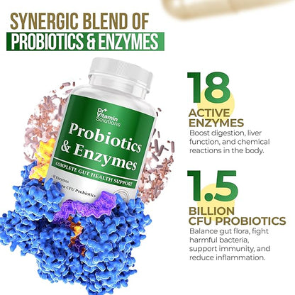 DR VITAMIN SOLUTIONS Multi Enzymes, Pre & Probiotics for Digestive Health | 18 Active Enzymes & 1.5 Billion CFU Probiotics for Women & Men | Digestive Enzymes w/Prebiotics for Bloating Relief | 60