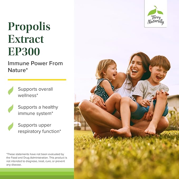 Terry Naturally Propolis Extract EP300 - Upper Respiratory & Immune System Support Supplement - Non-GMO Supplement with Bee Propolis Extract - Child & Adult Supplement - 60 Chewable Tablets