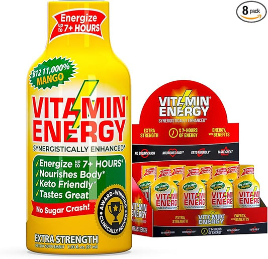 Vitamin Energy B12 Extra Strength Daily Energy Shot – Mango – 260mg Natural Caffeine, 11,000% B12, B6 – Focus & Vitality Support – Zero Sugar, Vegan, Kosher, Gluten-Free – 1.93 fl oz, 8-Pack