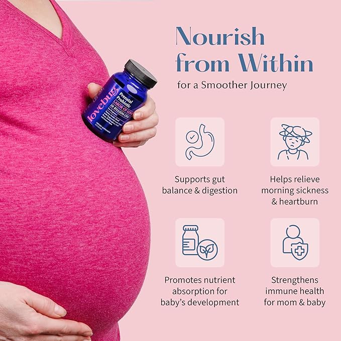 Lovebug Prenatal Probiotic | Helps with Morning Sickness, Nausea, Heartburn & Digestion | Helps Baby Microbiome | Multi Strain 20 Billion CFU | 30 Capsules