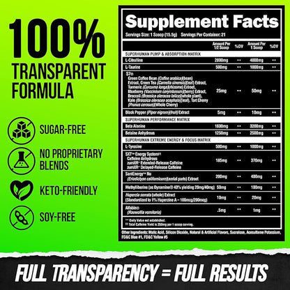 ALPHA LION Superhuman Extreme High Stim Pre Workout Powder, Beta Alanine, L-Taurine & 356mg Tri-Source Caffeine for Sustained Energy, Nitric Oxide & Citrulline for Pump (21 Servings, Sour Gummy Bear)