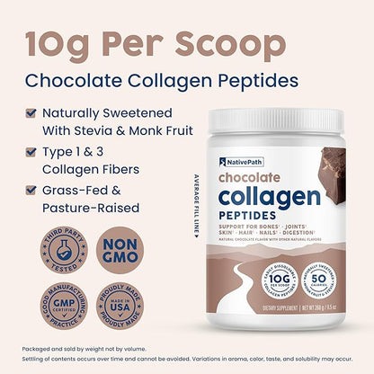 NativePath Collagen Peptides - Hydrolyzed Type 1 & 3 Collagen. Keto & Paleo Grass-Fed Protein Powder for Hair, Skin, Nails, Bones, Joints, Digestion and More - No Gluten or Dairy (Chocolate, 268g)