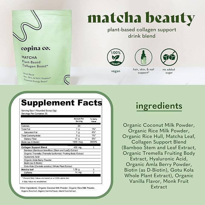 Vegan Collagen Booster Mix: Plant Based Collagen Support Smoothie Drink Vegan Blend Variety Pack | 4 Flavors Matcha, Vanilla, Original and Cacao Calm | 25 Servings per 4.4oz Bag