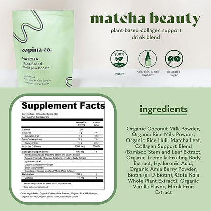 Vegan Collagen Booster Mix: Plant Based Collagen Support Smoothie Drink Vegan Blend Variety Pack | 4 Flavors Matcha, Vanilla, Original and Cacao Calm | 25 Servings per 4.4oz Bag