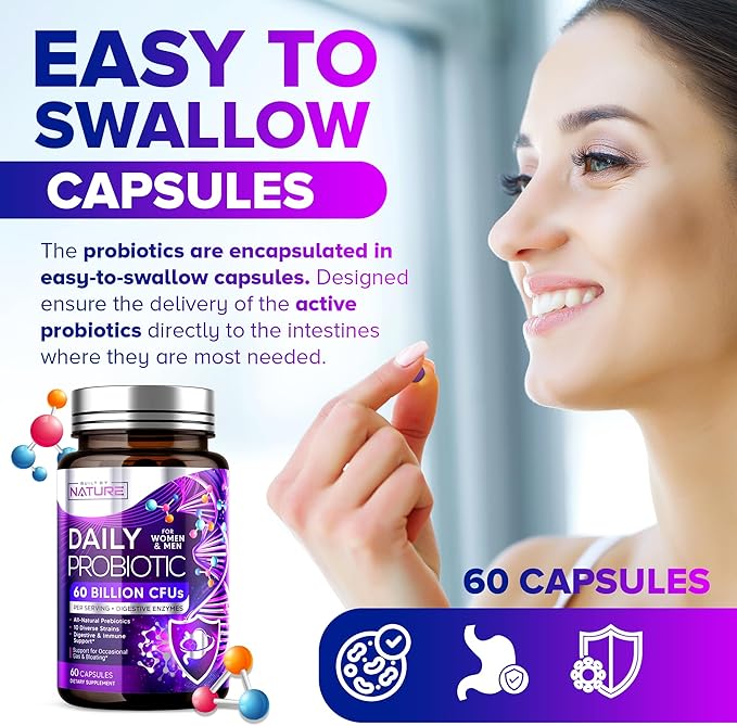 Built by Nature Probiotic for Women & Men – 60 Billion CFU, 10 Strains + Prebiotics & Digestive Enzymes – Supports Digestive, Immune, Reduce Gas & Bloating – Shelf Stable, Non-GMO - 60 Capsules