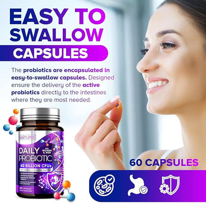 Built by Nature Probiotic for Women & Men – 60 Billion CFU, 10 Strains + Prebiotics & Digestive Enzymes – Supports Digestive, Immune, Reduce Gas & Bloating – Shelf Stable, Non-GMO - 60 Capsules
