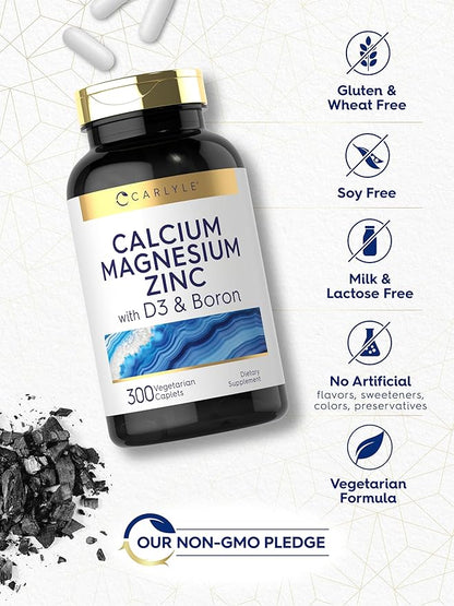 Carlyle Calcium Magnesium Zinc Vitamin D3 Supplement with Boron | 300 Caplets | Vegetarian, Non-GMO