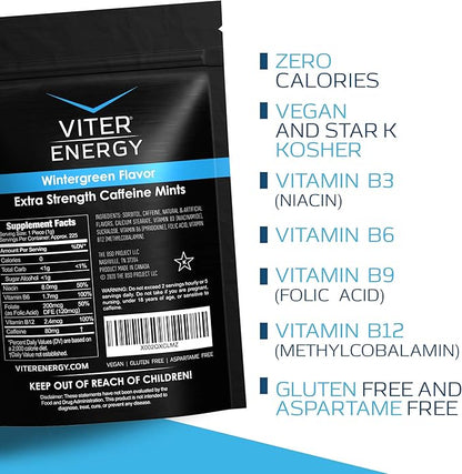 Viter Energy Extra Strength Caffeinated Mints 80mg Caffeine, B Vitamins, Sugar Free. (Wintergreen, 8oz, Bulk Bag)