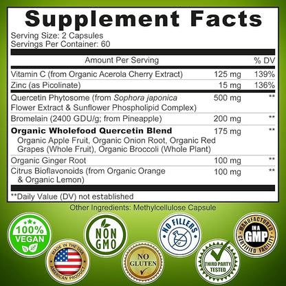 Quercetin with Bromelain Vitamin C and Zinc Enriched with Organic Whole Foods - 1215mg per Serving - Quercetin Phytosome 500mg Capsules with Ginger and Flavonoids for Immune Support - 120 count