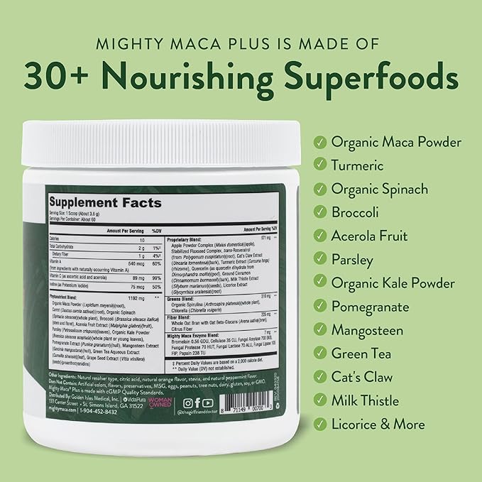 Mighty Maca Plus - Organic Maca Root Superfoods Greens Drink Powder, Delicious Keto Detox, All-Natural, Alkaline & Vegan (60 Servings)