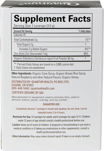 Quantum Health TheraZinc Organic Zinc Lozenges Elderberry Sambucus Raspberry & Honey Immune Support for Adults & Kids 12+ Naturally Flavored Fast Relief with No Aftertaste - 25 Count