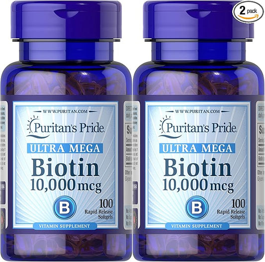 Puritan's Pride Premium Ultra Mega Biotin 10,000mcg, Dietary Supplement for Healthy Hair, Skin, Nails, and Energy Metabolism Support, 100 Day Supply, 100 Rapid Release Softgels, 2 Pack