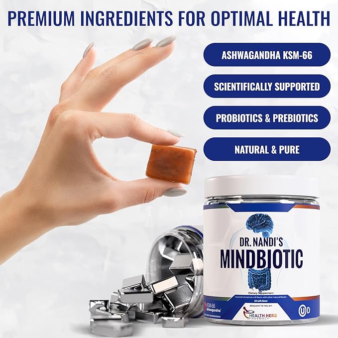 MindBiotic Brain Health Supplement - Probiotics & Prebiotics with KSM-66 Ashwagandha - Supports Memory, Focus, and Gut-Brain Connection - 300MG - 60 Chews