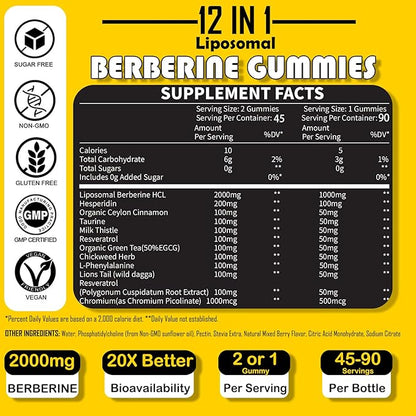 12 in 1 Berberine HCL Gummies-High Bioavailability Liposomal Berberine Gummies with for Women and Men, Berberine with Ceylon Cinnamon & Vegan Supplement- AMPK Activator (90 Count)