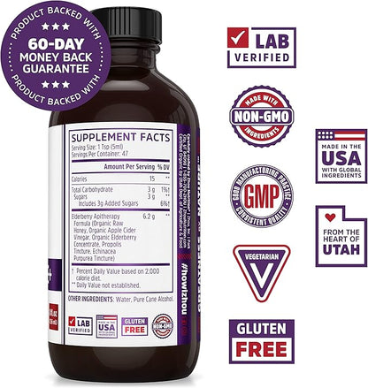 Zhou Nutrition Elder-Mune+ Syrup - Organic Black Elderbery Syrup for Adults, Immune Support Elixir with Apple Cider Vinegar, Echinacea Tincture, Natural Wellness - 8 Fl Oz Glass Bottle