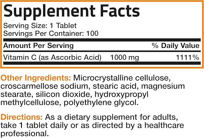 Bronson Vitamin C 1000mg Premium Non-GMO Ascorbic Acid Tablets, 100 Count
