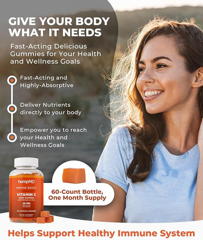 1500 mg Vitamin C Immunity Gummies - Relax and take Care of Your Immune Health. Infused with Citrus Burst Flavor with 25mg Hemp Extract, Vitamin D, E, Elderberry, Zinc 60 Ct