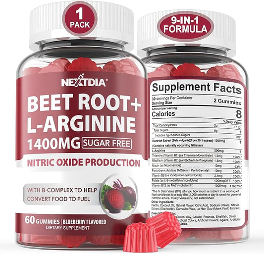 Beet Root Gummies & L-Arginine 1400mg (Made in USA), Sugar Free Nitric Oxide Supplement for Men & Women w/ B1, B2, B3, B5, B6, Folate, B12 for Energy Boost, Blood Flow & Circulation Support, 60 Cts