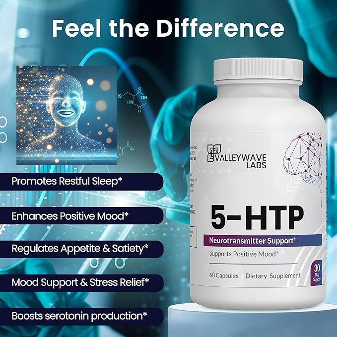 5-HTP - 200mg 5HTP Supplement (5-Hydroxytryptophan) to Support Mood Plus Sleep*, Stress Relief*, 60 Capsules - 30 Day Supply, Made in USA