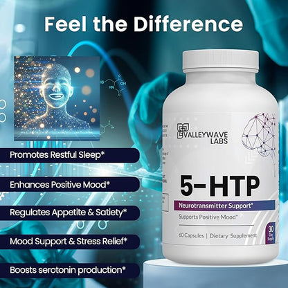 5-HTP - 200mg 5HTP Supplement (5-Hydroxytryptophan) to Support Mood Plus Sleep*, Stress Relief*, 60 Capsules - 30 Day Supply, Made in USA