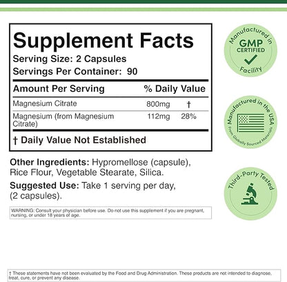Magnesium Citrate 800mg, 180 Capsules, Digestion & Constipation Support, Vegan Safe, Non-GMO, Double Wood Supplements