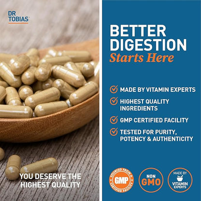 Dr. Tobias Digestive Enzymes with Probiotics, Prebiotics and Postbiotics Bromelain, Amylase, Lipase, for Better Digestion & Immune Function, 60 Capsules, 30 Servings (2 Daily)