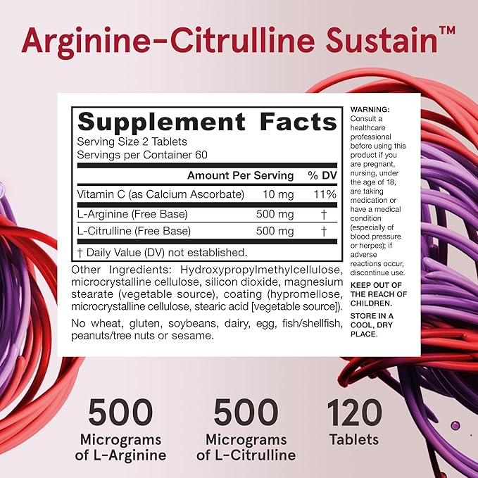 Jarrow Formulas® Arginine-Citrulline Sustain™, Dietary Supplement, Vascular Support Complex for Nitric Oxide Production and Cardiovascular Health, 120 Tablets, 60 Day Supply
