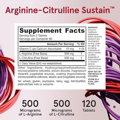Jarrow Formulas® Arginine-Citrulline Sustain™, Dietary Supplement, Vascular Support Complex for Nitric Oxide Production and Cardiovascular Health, 120 Tablets, 60 Day Supply