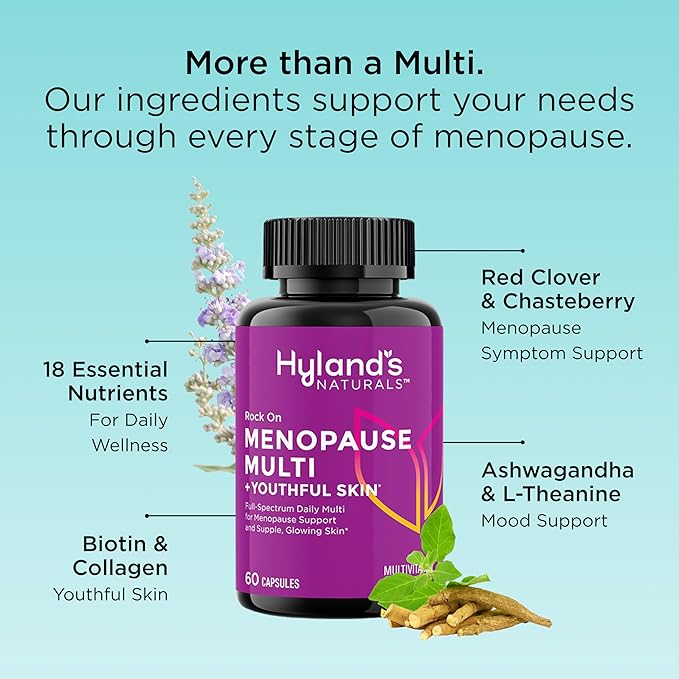 Hyland's Rock On Menopause and Youthful Skin Multivitamin for Women with Immune Support, 60 Capsules, Menopause Relief for Women with Biotin, Collagen, and Red Clover