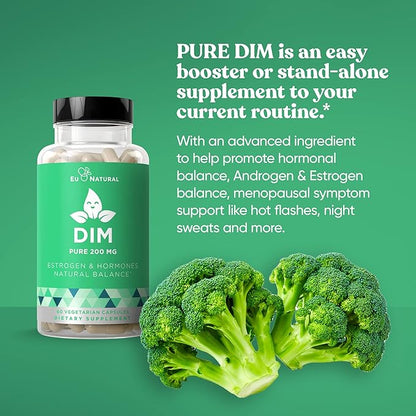 DIM Supplement Pure 200 Mg for Women or Men – Estrogen Hormone Balance Supplement for Energy, Fatigue, Stress, Menopause, Hot Flashes – Enhanced Bioavailability BioPerine – 60 Vegan Soft Capsules