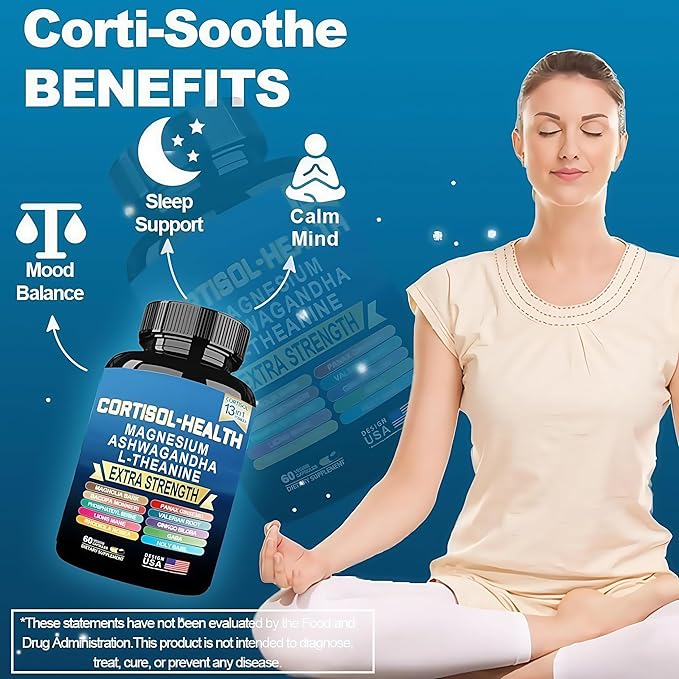Corti-Soothe Cortisol Supplement,Magnesium Glycinate 200mg, L-Theanine 150mg, Phosphatidylserine 50mg & Manager Lions Mane Holy Basil Ginkgo Biloba Bacopa Monnieri Valerian (60 Capsules) DD