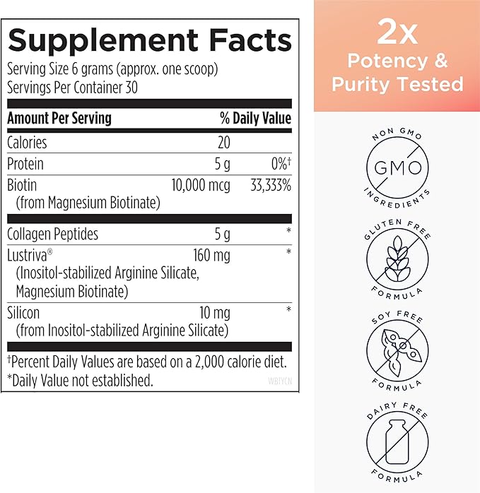 Designs for Health Whole Beauty Collagen - Collagen Peptides, Silica & Biotin Powder to Support Hair Skin and Nails - Support Hair Strength & Fullness (30 Servings)