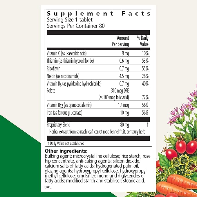Floradix Iron Tablets - Iron Supplement with Folic Acid, Vitamin C & More - Energy Support* - Vegetarian, Gluten-Free - 80 Tablets