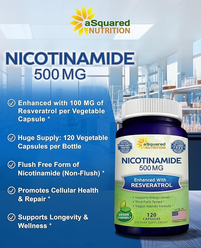 aSquared Nutrition Nicotinamide with Resveratrol - 120 Veggie Capsules - Vitamin B3 500mg (Niacinamide Flush Free) - Supplement Pills to Support NAD, Skin Cell Health & Energy
