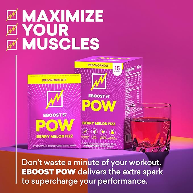 EBOOST POW Natural Pre Workout Powder - 15 Packets, Berry Melon Fizz - Preworkout Energy Booster Gym Supplement Drink Mix for Men and Women - Performance, Joint Mobility Support - Gluten-Free