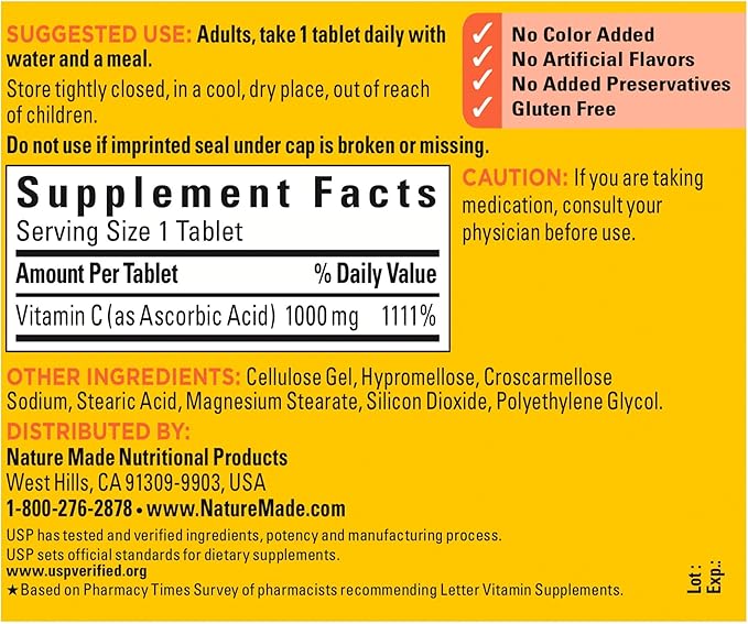 Nature Made Extra Strength Vitamin C 1000 mg, Dietary Supplement for Immune Support, 100 Tablets, 100 Day Supply