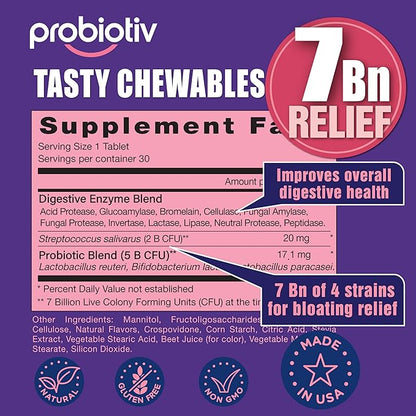 Anti Gas & Bloating Relief for Women and Men 7 Billion CFU – Chewable Probiotics & Lactobacillus Reuteri, Daily Digestive Enzymes Debloating for Women, Aids Digestion & Digestive Health